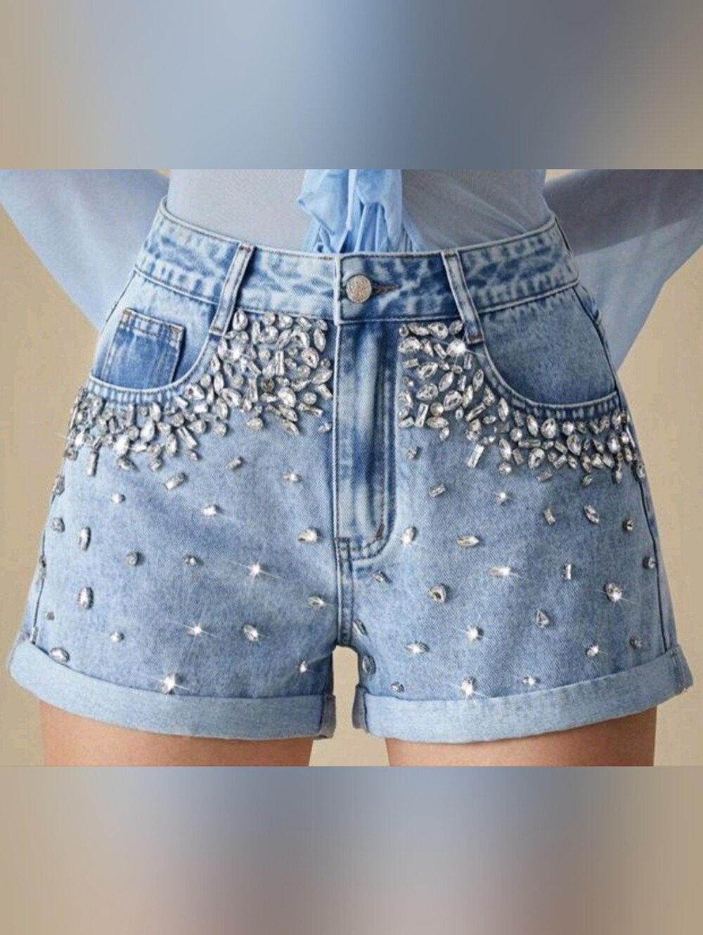 Light Blue Denim Jean Shorts with Crystal Embellishment 30waist
